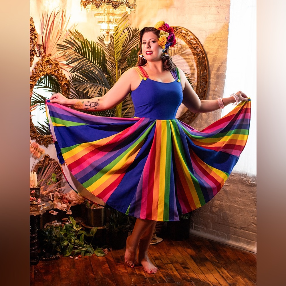 Unique Vintage Blue & Rainbow Stripe Swing Dress